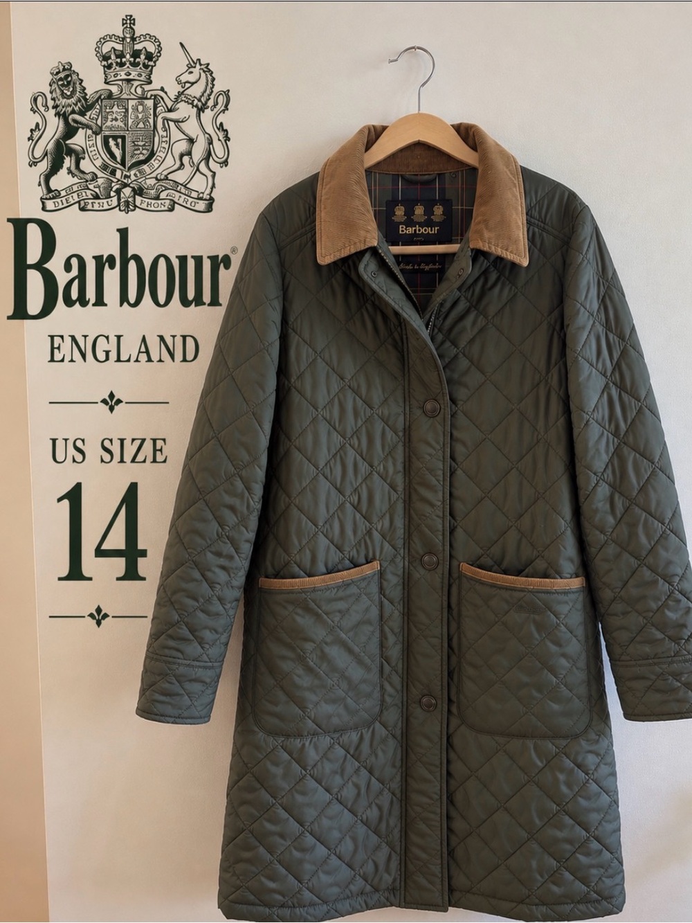 Barbour Olive Quilted Long Puffer with Tan Collar